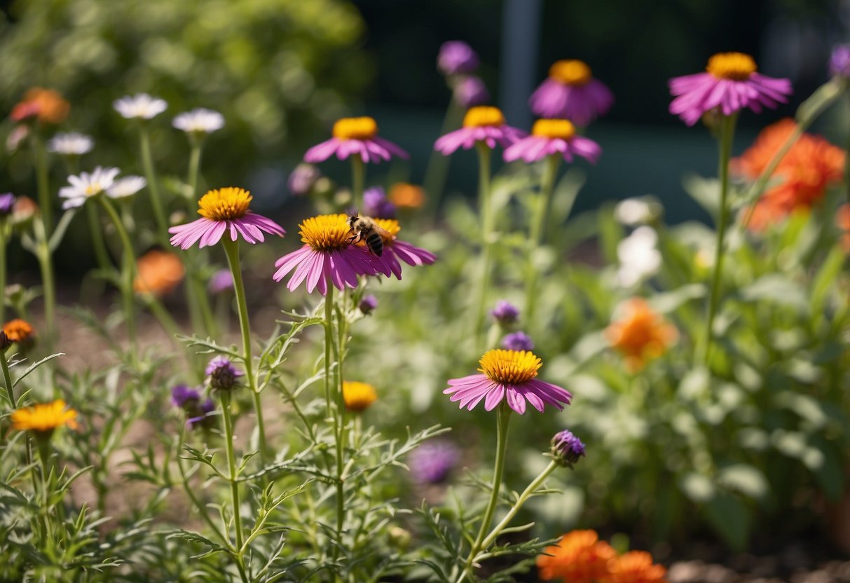 A variety of colorful flowers and native plants bloom in a well-maintained garden, attracting bees, butterflies, and other pollinators