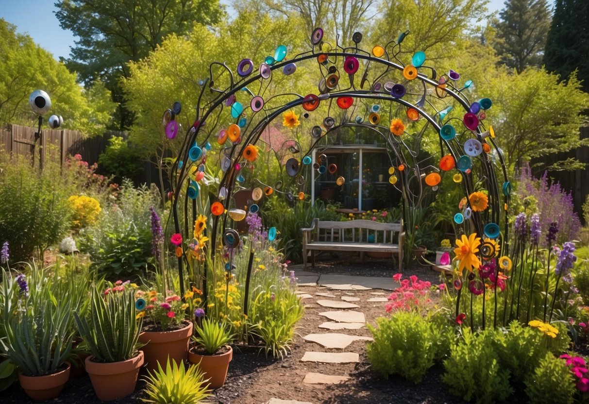 A whimsical garden display features upcycled metal sculptures, colorful glass wind chimes, and repurposed tire planters. Native plants and flowers surround the art pieces, creating a vibrant and eco-friendly garden