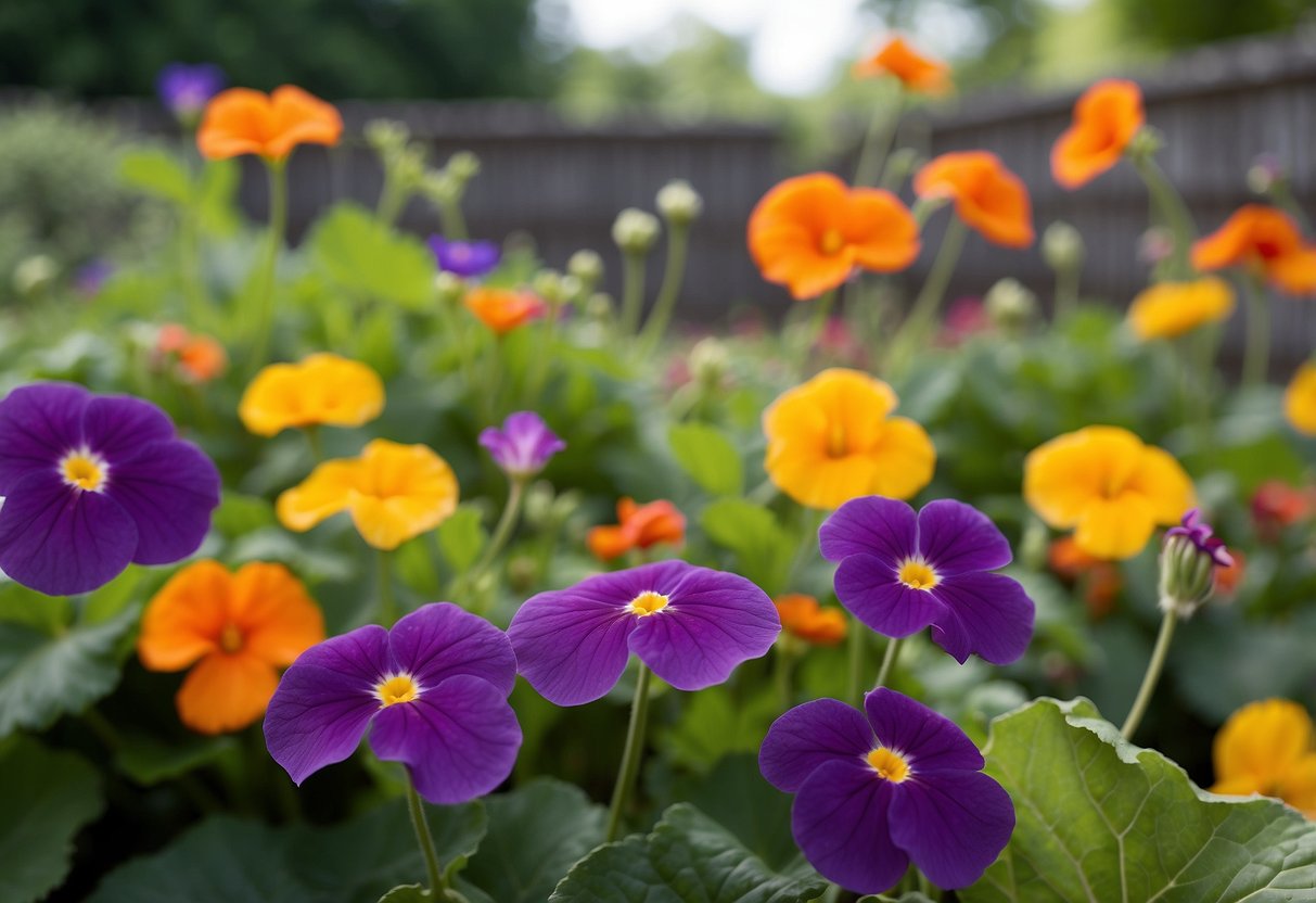 A colorful edible flower garden blooms in Minnesota, with a variety of flowers like nasturtiums, violets, and marigolds. The garden is surrounded by lush green foliage, with a quaint wooden fence in the background