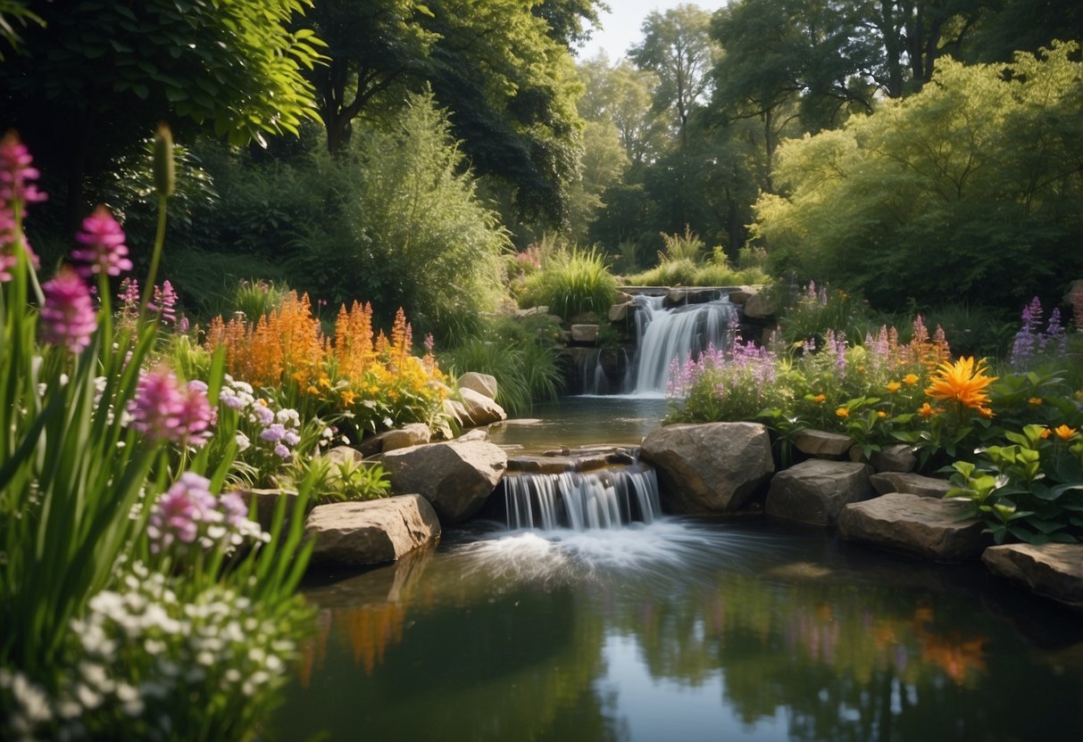 A serene pond surrounded by lush greenery and colorful flowers, with a small waterfall cascading into the water, creating a peaceful and tranquil atmosphere