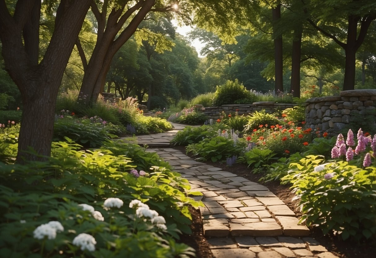 A tranquil shade garden in Minnesota, with lush greenery, colorful flowers, and winding stone pathways. Tall trees provide dappled sunlight, creating a peaceful and serene atmosphere