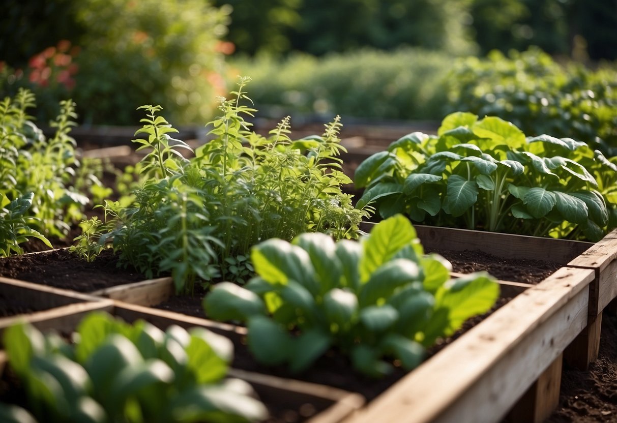 Lush greenery fills raised vegetable beds in a Minnesota garden, with colorful plants and vegetables thriving in the rich soil