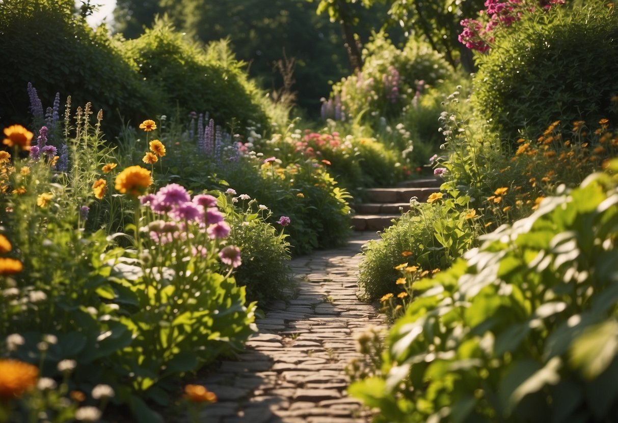 Lush green plants fill the garden, with colorful flowers blooming in the sunlight. A small path winds through the vibrant landscape, leading to a cozy seating area surrounded by nature