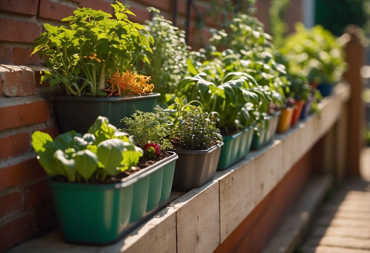 A vertical vegetable planter against a sunny wall, filled with lush greenery and colorful vegetables, surrounded by small garden tools and watering cans