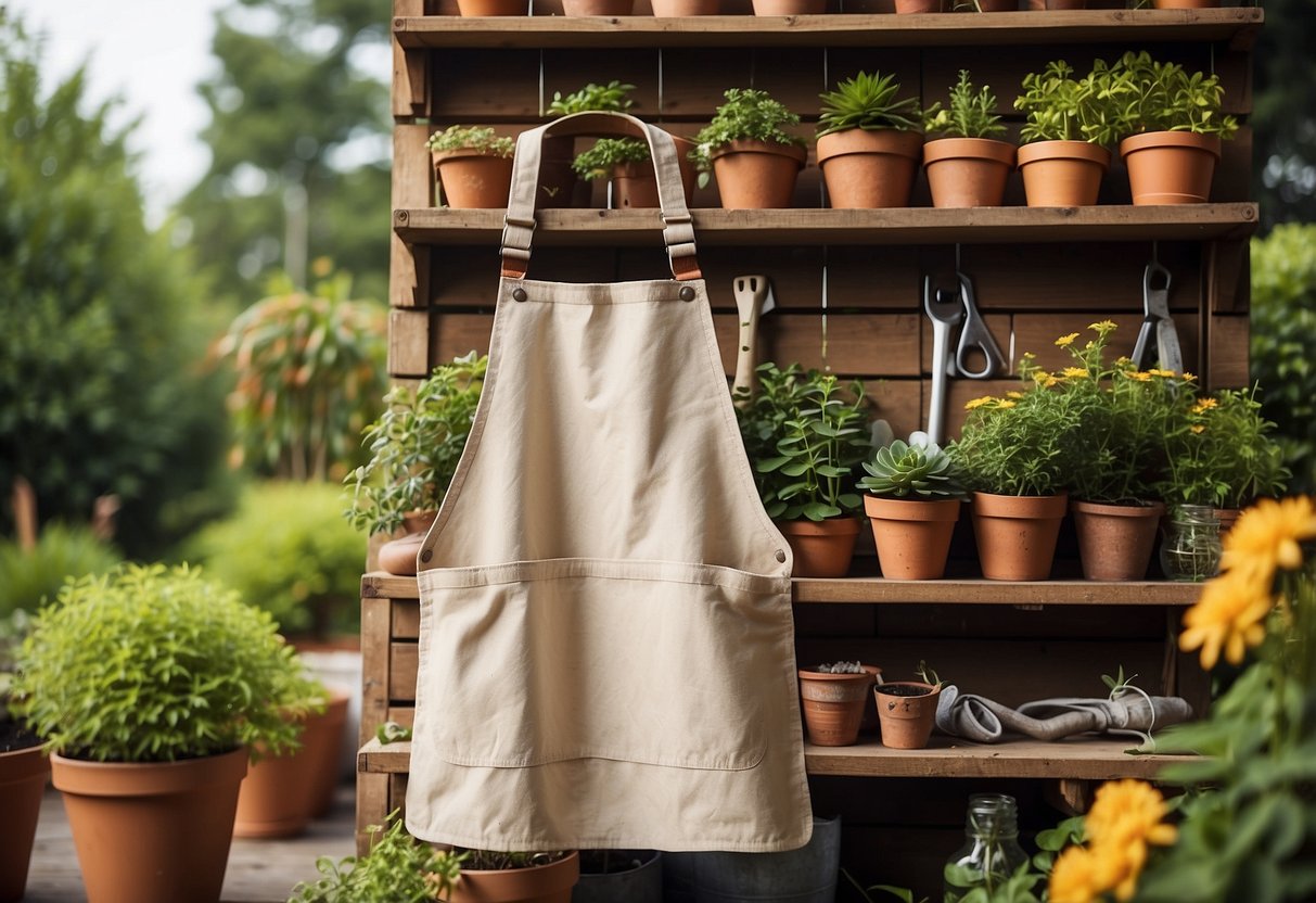 A canvas gardening apron hangs on a hook, surrounded by gardening tools and potted plants, with a sun hat and gloves nearby