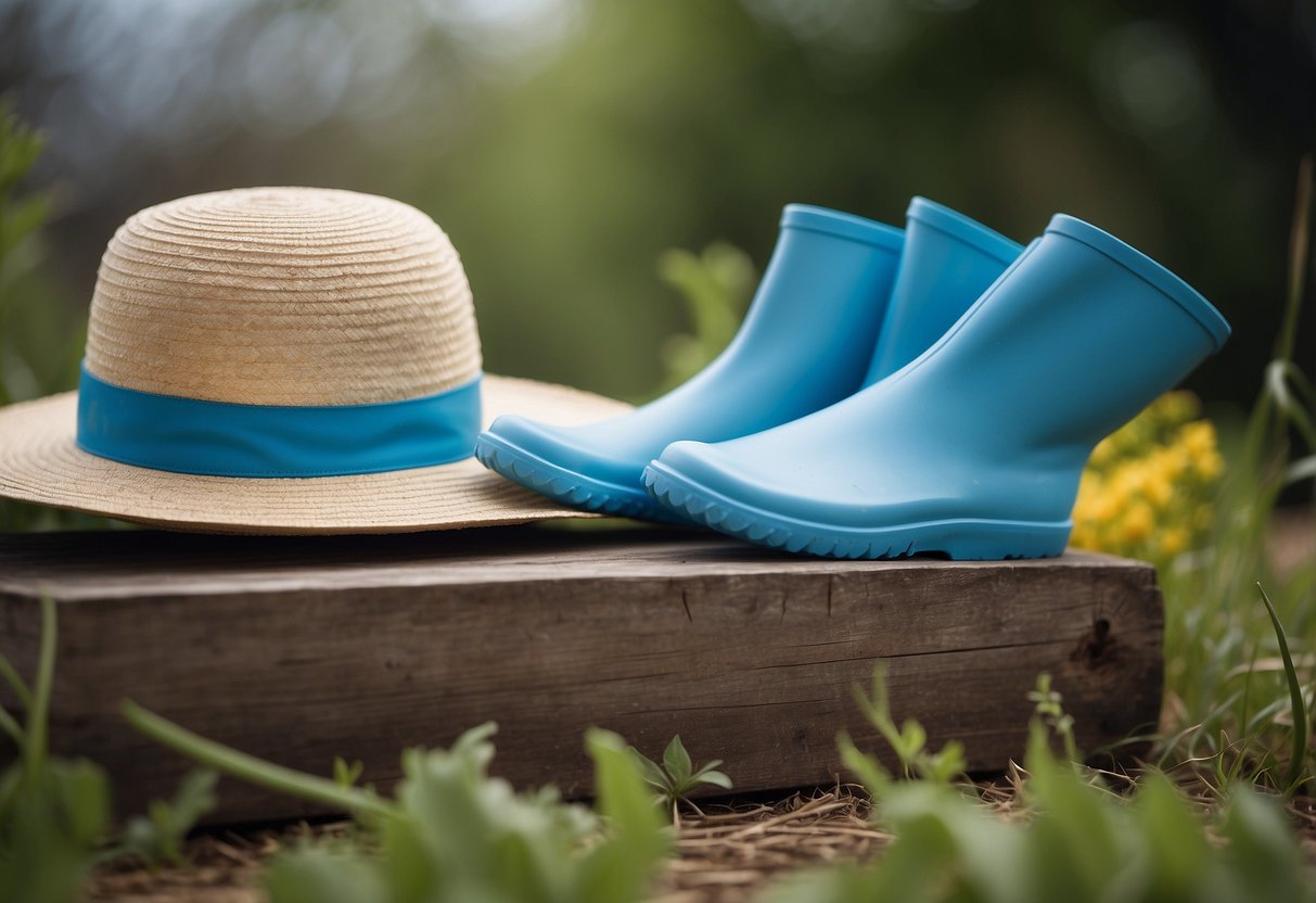 Light blue gardening gloves placed next to a straw hat and a pair of rubber boots, ready for gardening