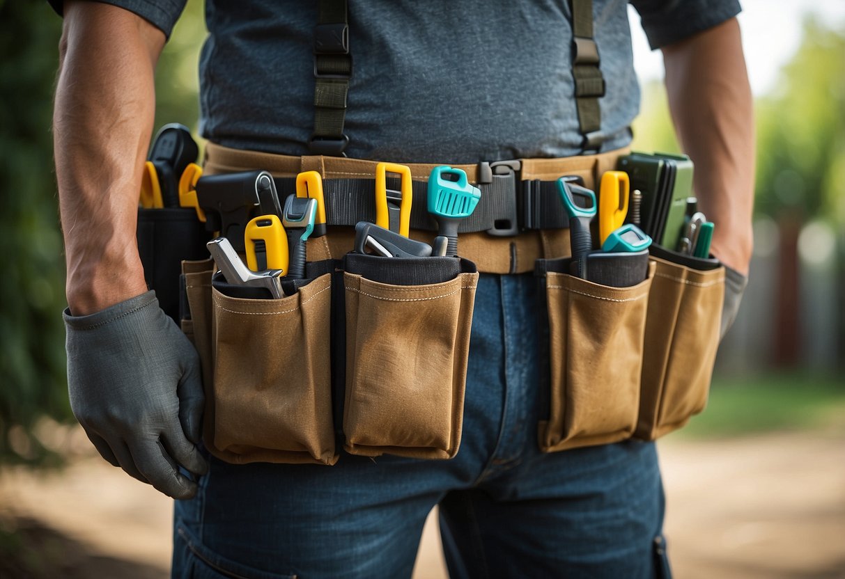 A utility belt with multiple pouches hangs from a sturdy waistband, ready for gardening tools and supplies