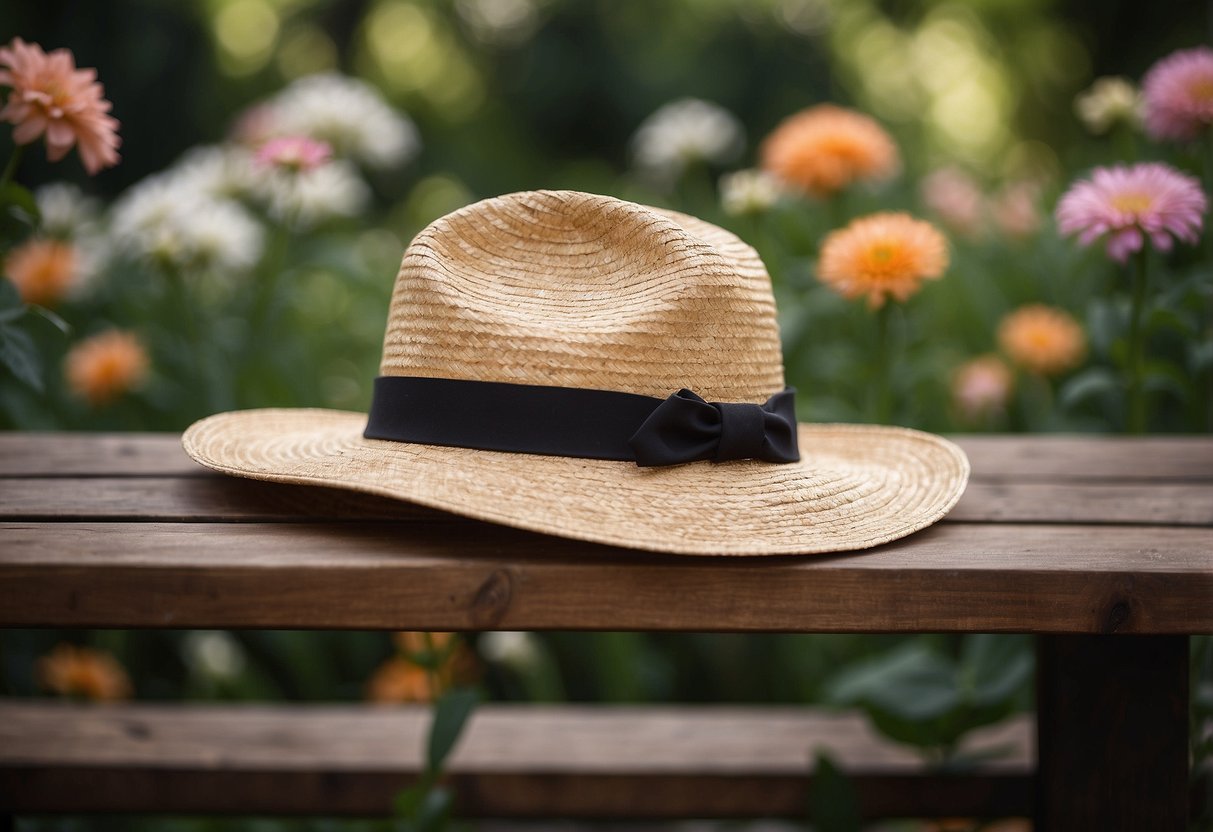 A straw hat rests on a wooden bench surrounded by blooming flowers and lush greenery, suggesting a peaceful garden setting for outfit inspiration