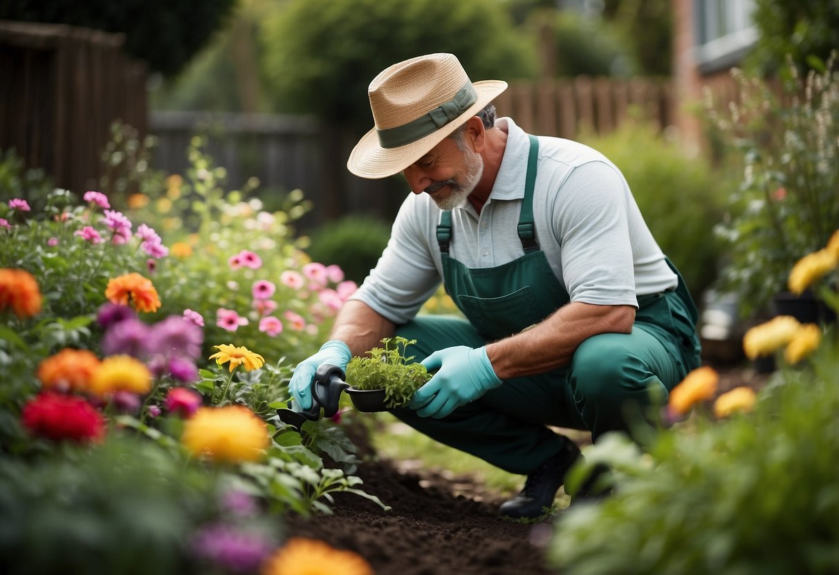 A gardener wearing knee pads, surrounded by lush greenery, tending to plants and flowers in a vibrant garden setting