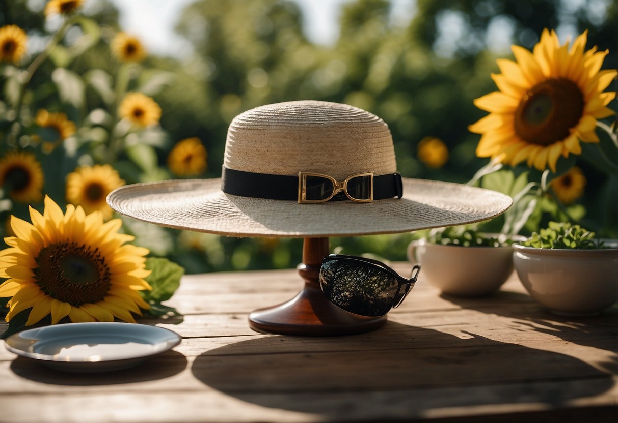 A garden scene with a table set with UV protection sunglasses, a wide-brimmed hat, and a flowy dress. Sunflowers and greenery in the background