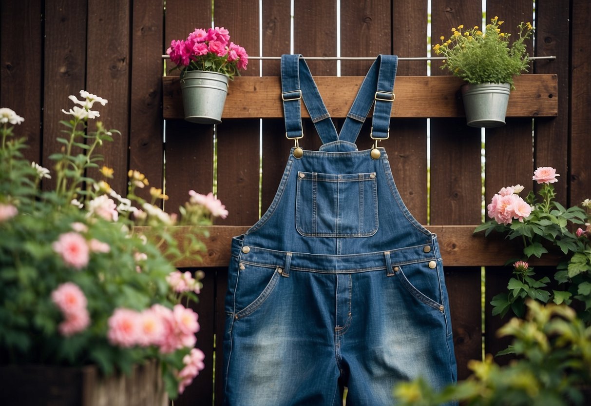 A pair of vintage denim overalls hanging on a rustic wooden fence, surrounded by blooming flowers and gardening tools