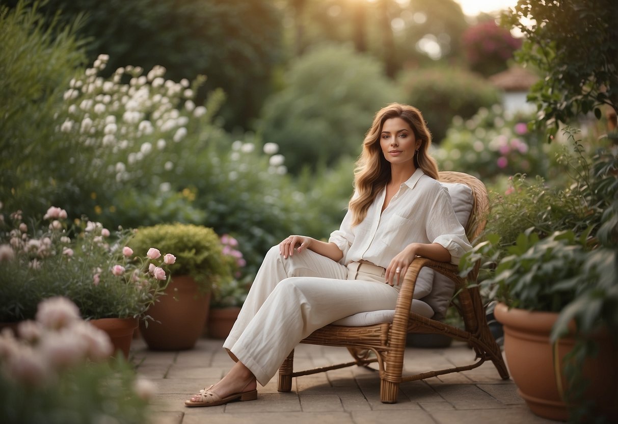 A woman in a loose linen shirt and flowing cotton pants, surrounded by soft, pastel-colored fabrics, sitting on a cozy outdoor chair in a lush garden