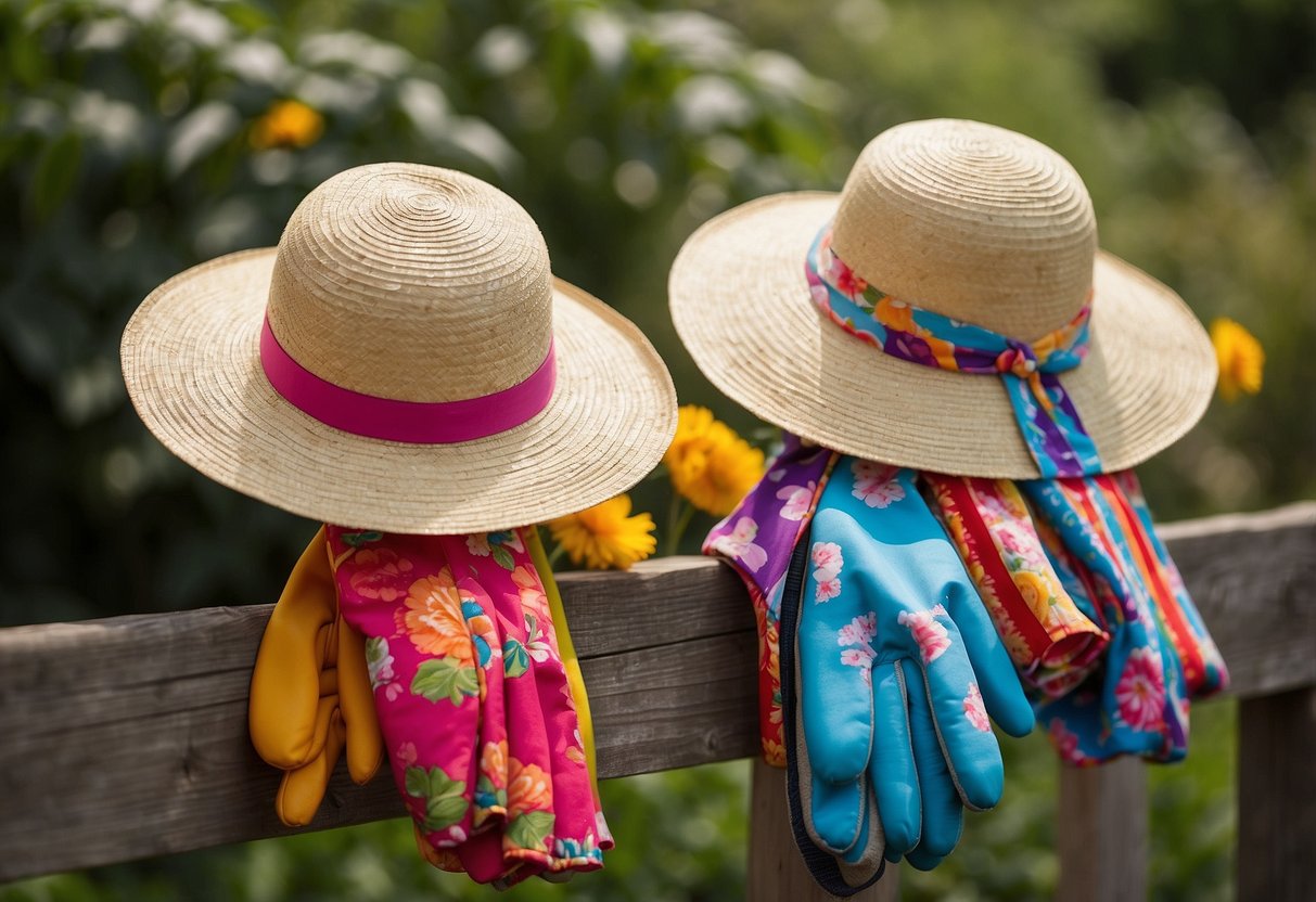 A straw hat hanging on a wooden fence, a pair of gardening gloves draped over a spade, and a colorful patterned apron hanging on a hook