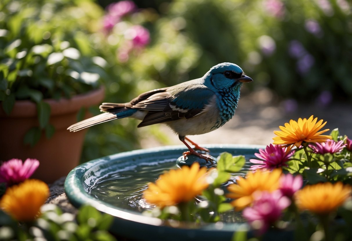 A bird bath sits in a garden corner, surrounded by colorful flowers and lush greenery. The water glistens in the sunlight, inviting birds to come and splash and drink