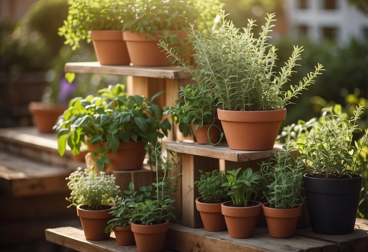 A tiered herb garden with pots of basil, rosemary, and thyme cascading down wooden shelves in a sunny garden corner