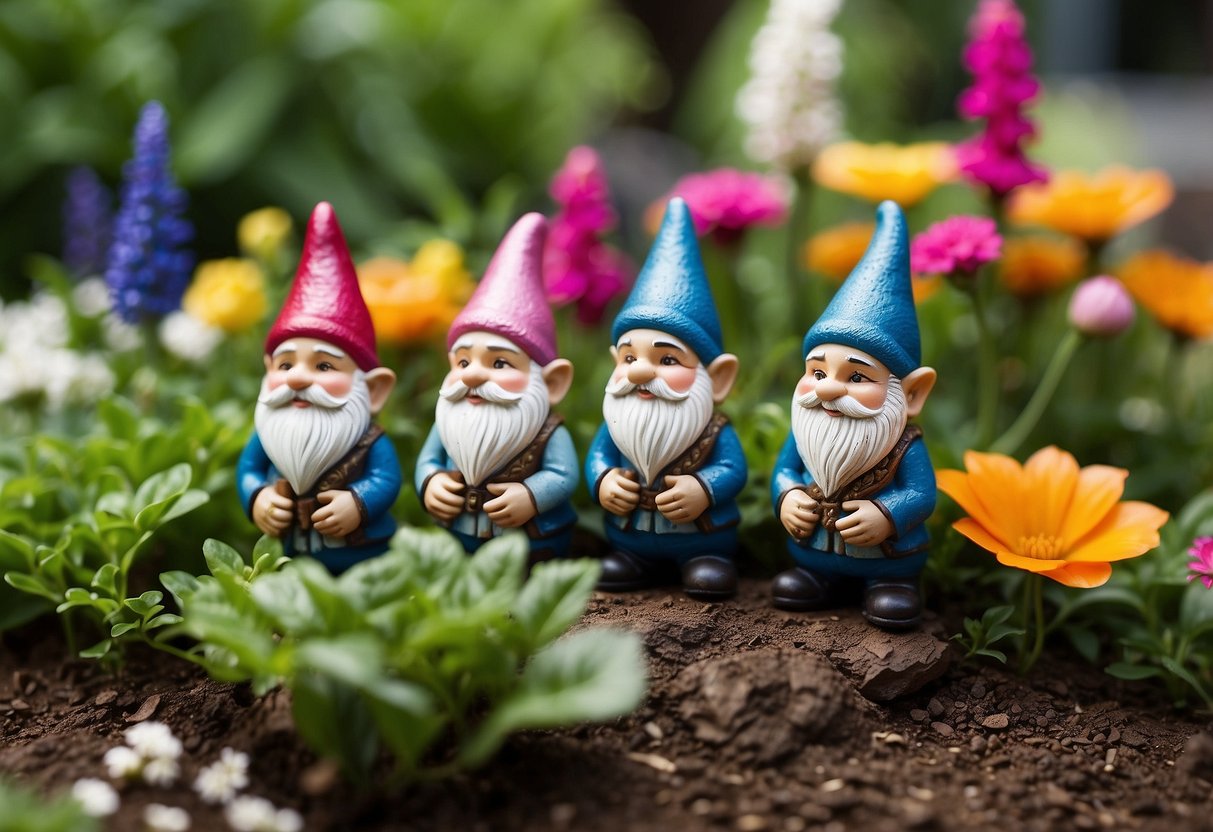 A cluster of colorful garden gnomes arranged among vibrant flowers and lush greenery, adding a whimsical touch to the garden corner