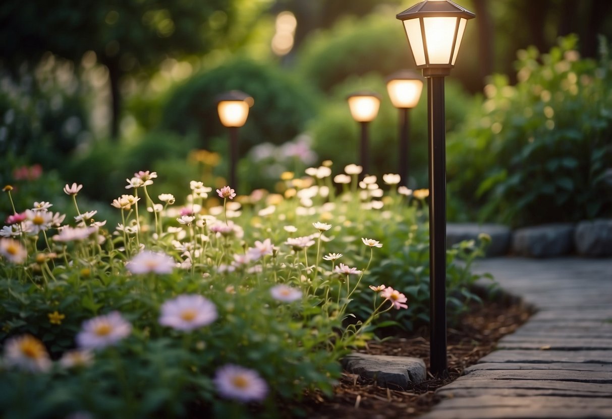 A garden corner with solar pathway lights illuminating a winding path among blooming flowers and lush greenery