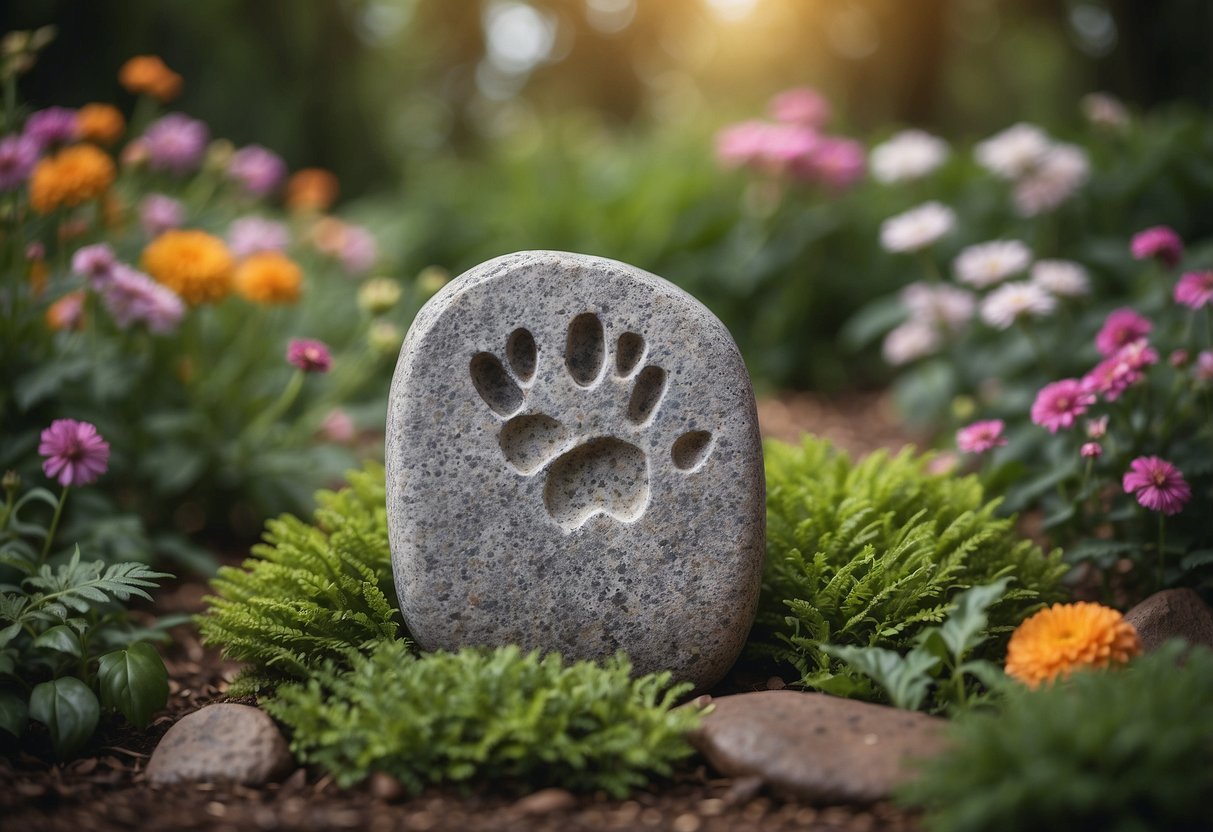 A pet memorial stone with a paw print sits in a peaceful garden, surrounded by colorful flowers and lush greenery, creating a serene and loving tribute to a beloved furry friend