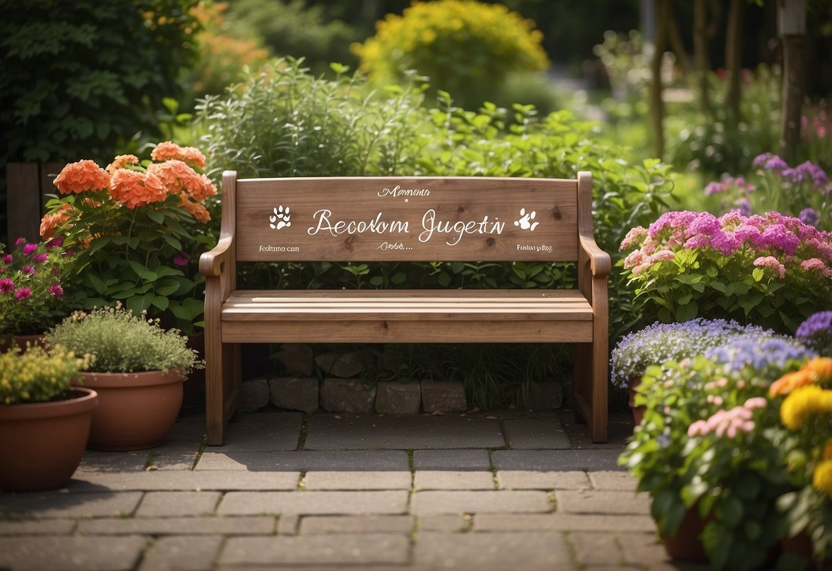 A wooden garden bench with engraved paw prints and pet names, surrounded by colorful flowers and lush greenery