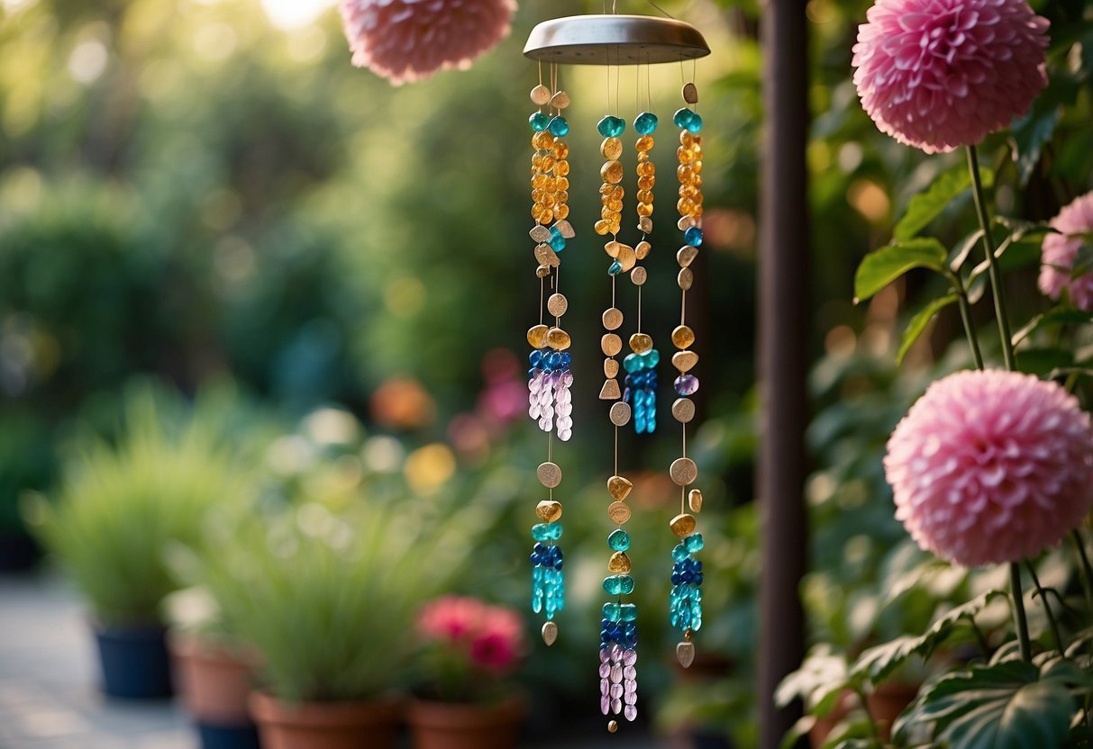 A colorful wind chime with paw prints and pet names hangs in a serene garden, surrounded by flowers and greenery