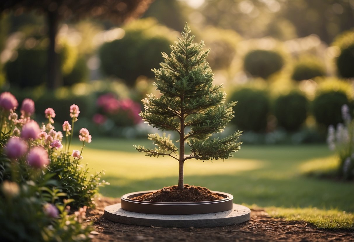 A small tree is being planted in a serene garden, surrounded by colorful flowers and a decorative plaque. A gentle breeze blows through, creating a peaceful atmosphere for honoring beloved pets