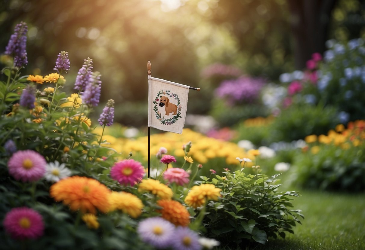 A peaceful garden with a custom pet memorial flag fluttering in the breeze, surrounded by colorful flowers and greenery