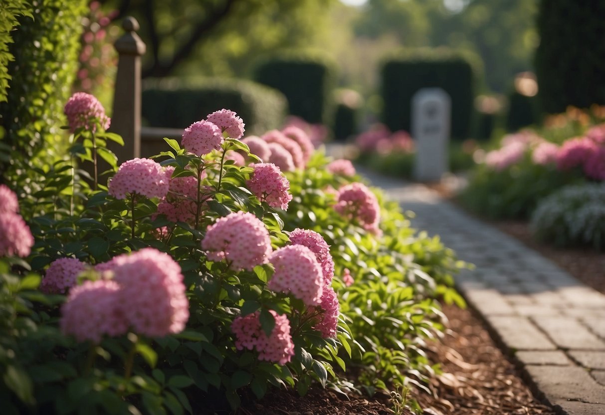 Colorful flowering shrubs surround a peaceful garden path, with a small memorial plaque nestled among the blooms. A sense of tranquility and remembrance fills the air