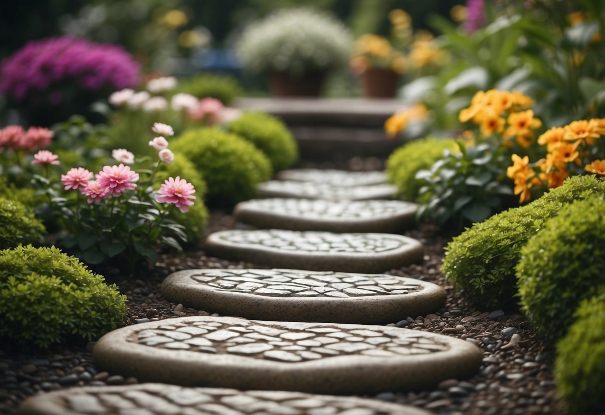 A serene garden with engraved stepping stones, surrounded by lush greenery and vibrant flowers, creating a peaceful memorial for beloved pets