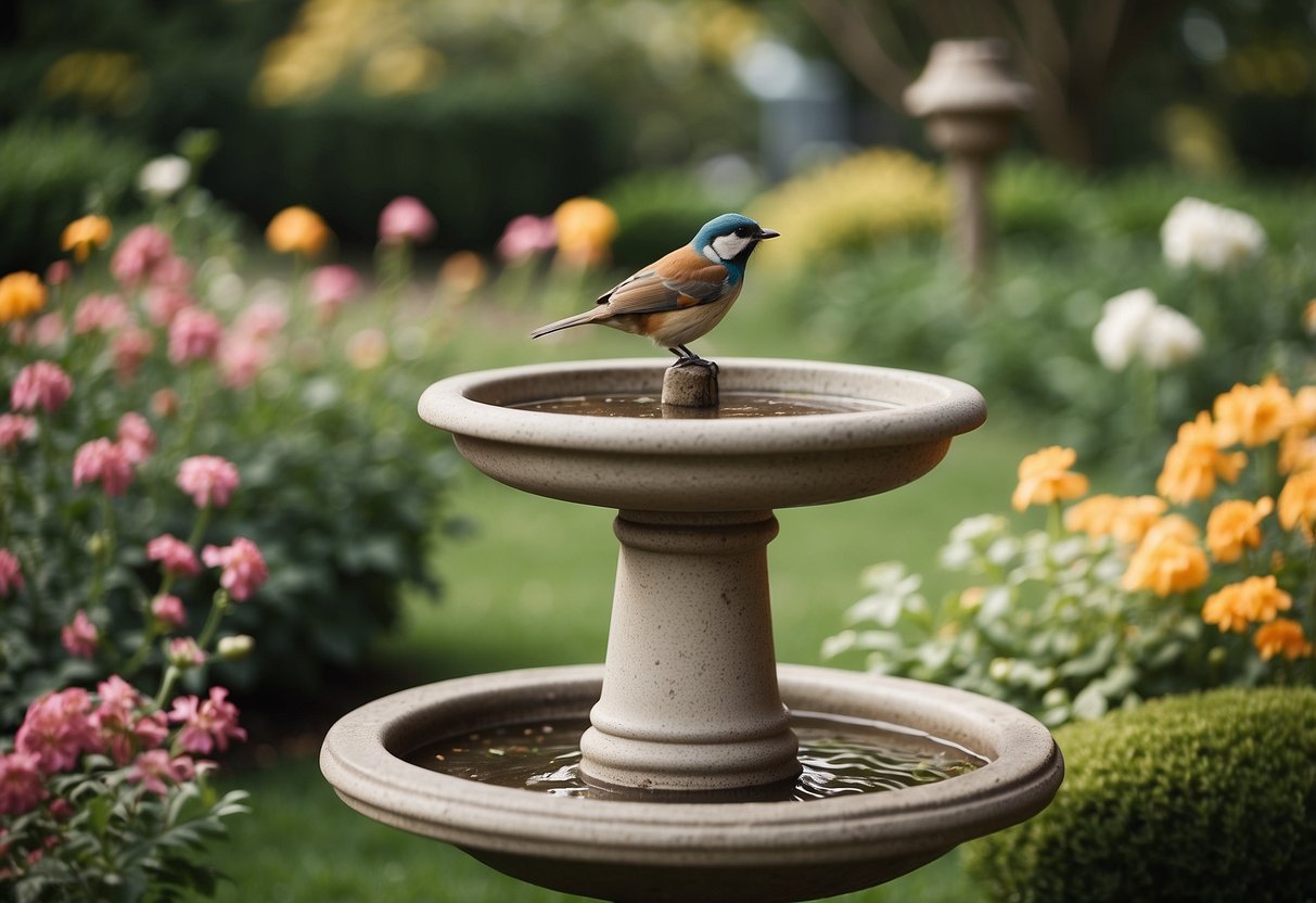 A serene garden with a bird bath as a pet memorial, surrounded by flowers and greenery, with a peaceful and respectful atmosphere