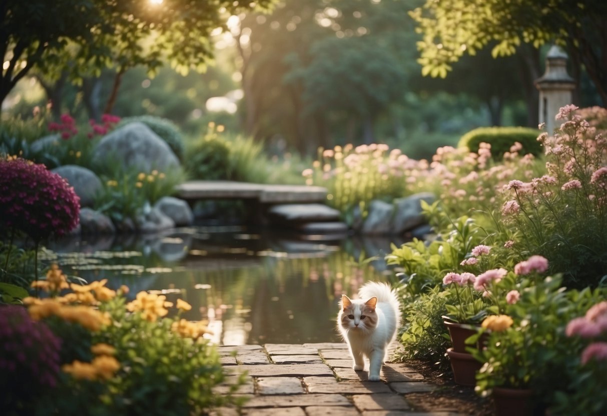 A serene garden with colorful flowers, a tranquil pond, and peaceful pathways for pets to roam freely