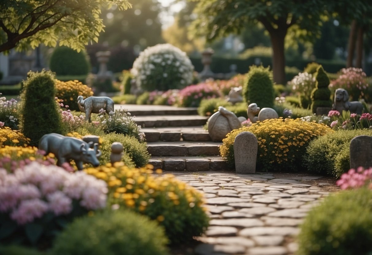 A serene garden with pet-friendly features: a winding path, colorful flowers, and a central memorial stone surrounded by small animal statues