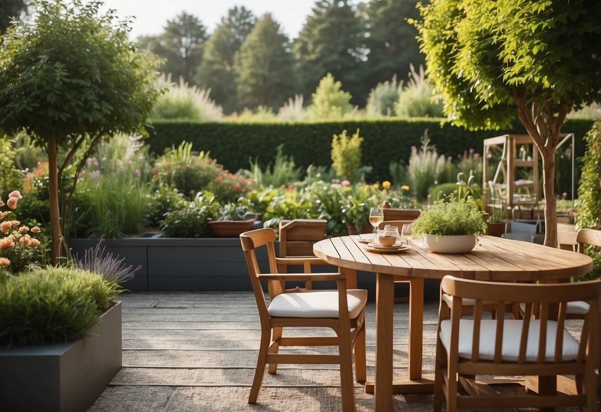 A garden divided into functional zones: dining area, relaxation space, and vegetable patch. Clear pathways and defined borders