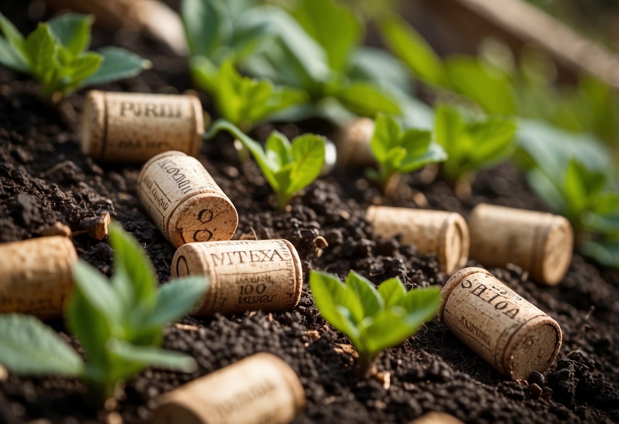 A garden bed made of wine corks, arranged in a neat pattern with mulch filling the spaces between. Surrounding plants thrive in the unique and sustainable environment