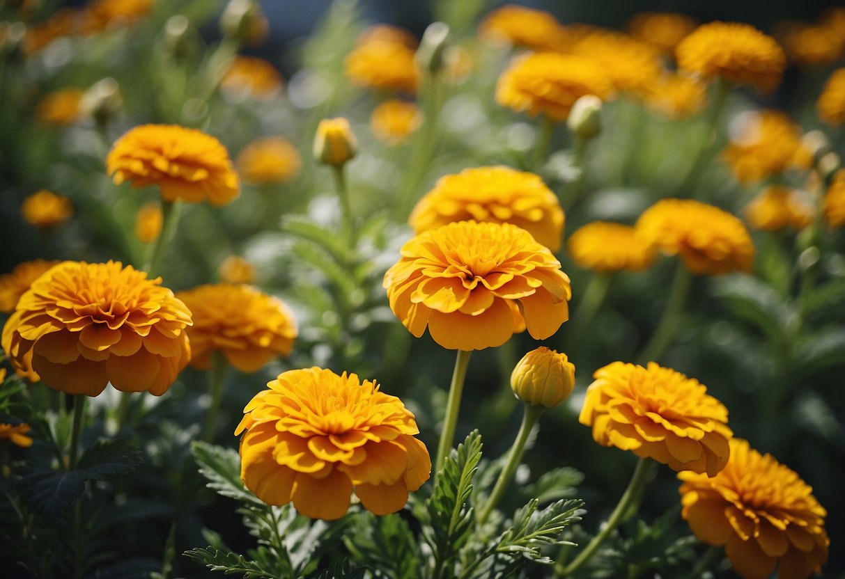 Vibrant lemon marigolds bloom in a garden, surrounded by lush greenery, creating a cheerful and colorful scene