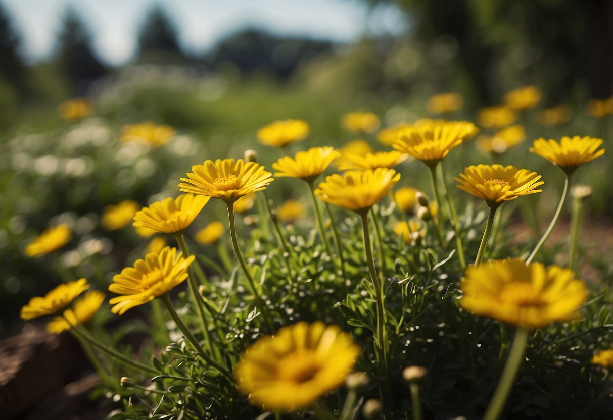 Yellow buttercup daisies bloom in a garden, surrounded by green foliage and bathed in warm sunlight