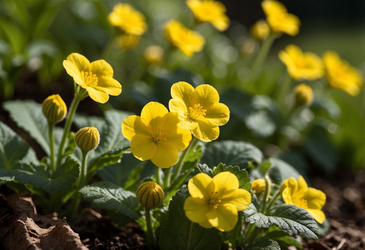 Bright yellow primroses bloom in a sun-drenched garden, casting a warm glow. The vibrant flowers stand out against lush green foliage, creating a cheerful and inviting scene