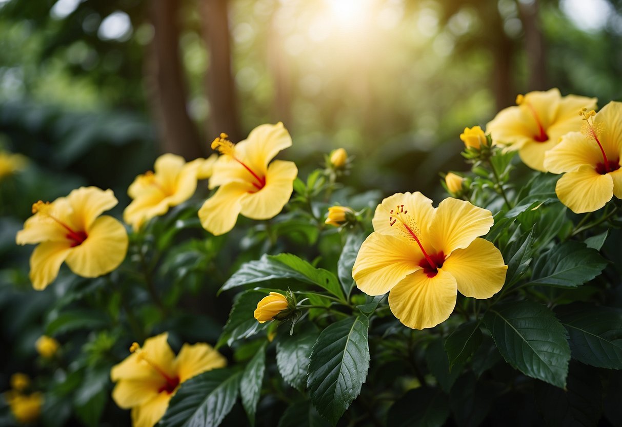 A bright yellow hibiscus blooms in a lush garden, surrounded by other yellow flowers and green foliage, creating a vibrant and cheerful scene