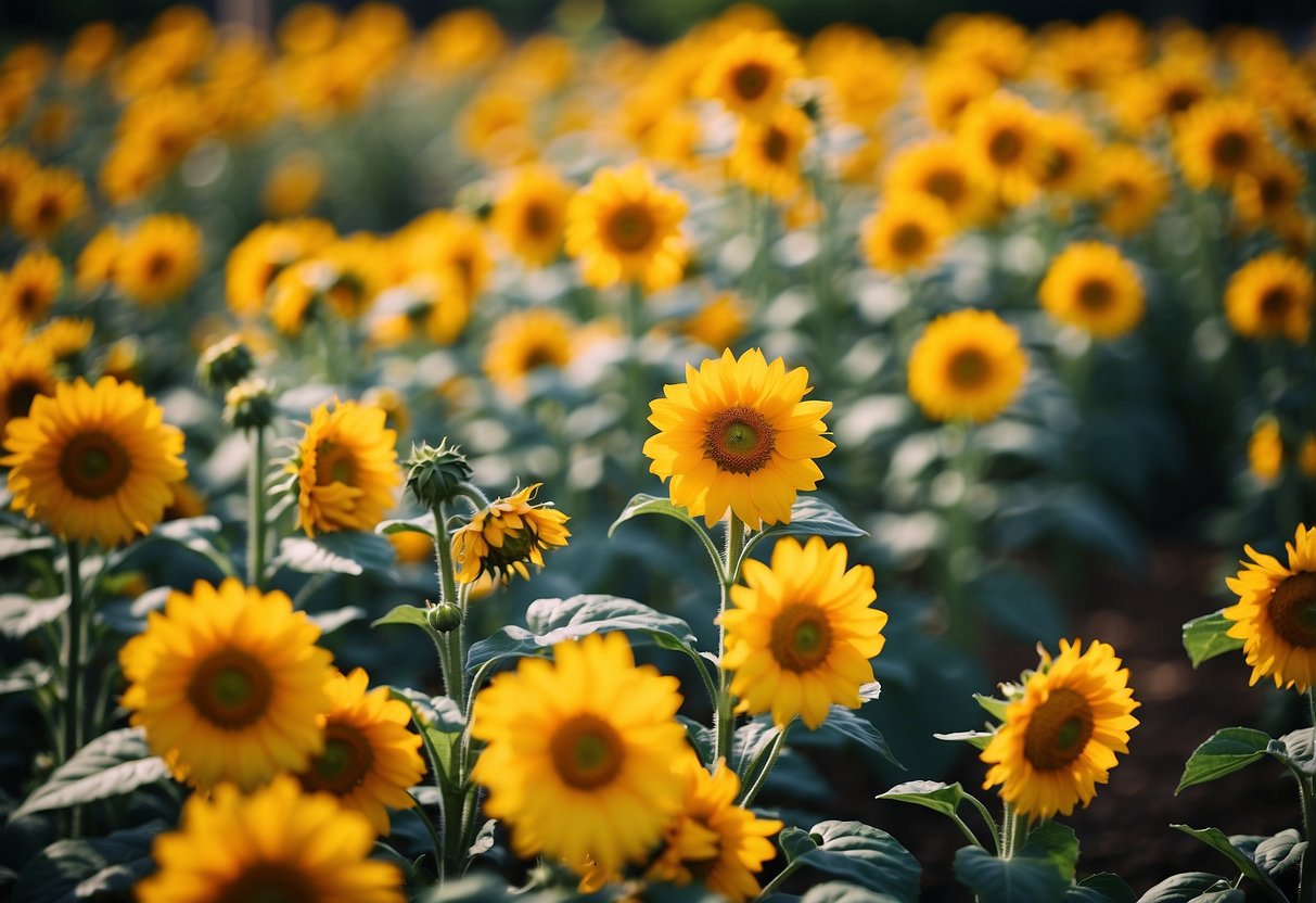 A vibrant yellow garden bursting with sunflowers, marigolds, and daffodils, creating a cheerful and uplifting atmosphere