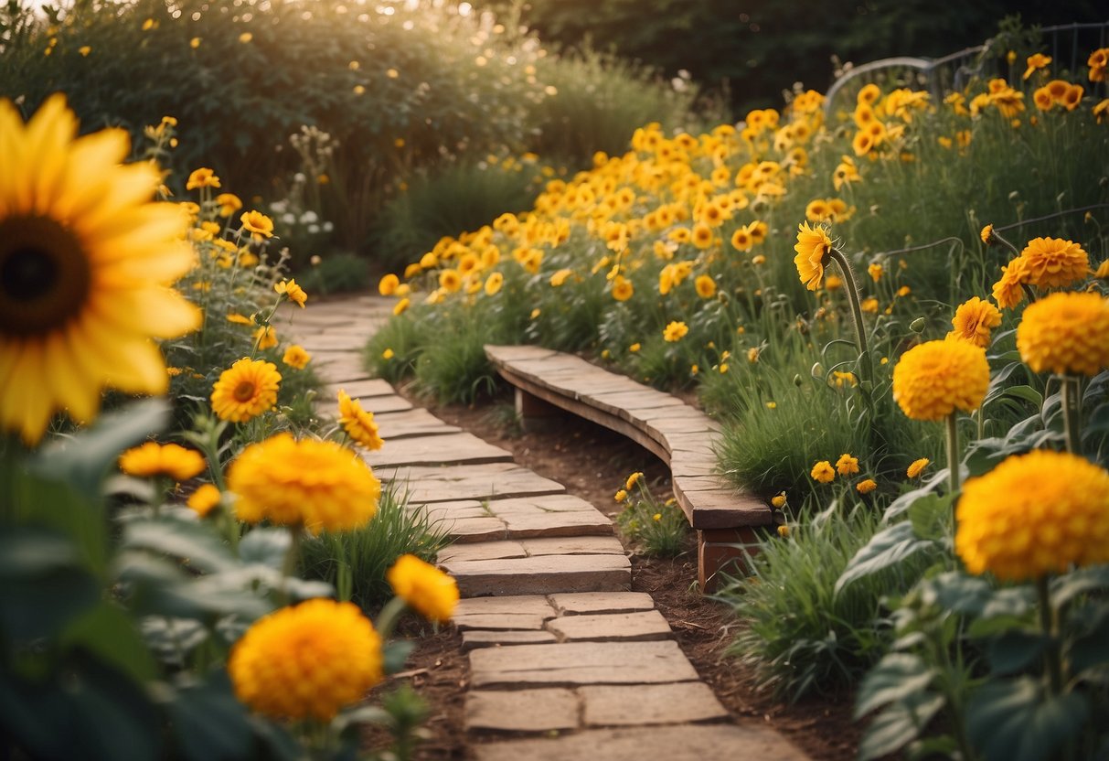 A vibrant yellow garden with sunflowers, marigolds, and daffodils. A winding path leads to a cozy seating area surrounded by golden blooms