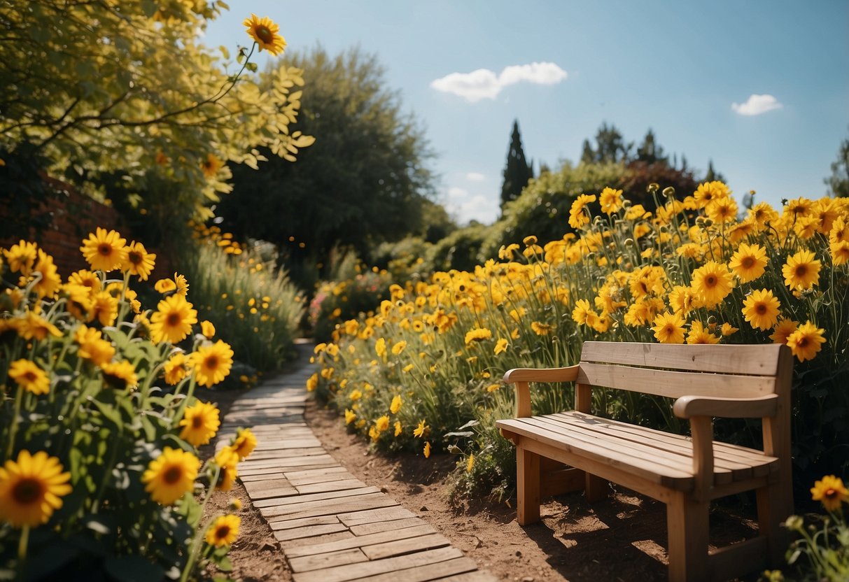 A bright yellow garden with sunflowers, marigolds, and daffodils blooming under a clear blue sky. A small pathway winds through the garden, with a wooden bench nestled among the flowers