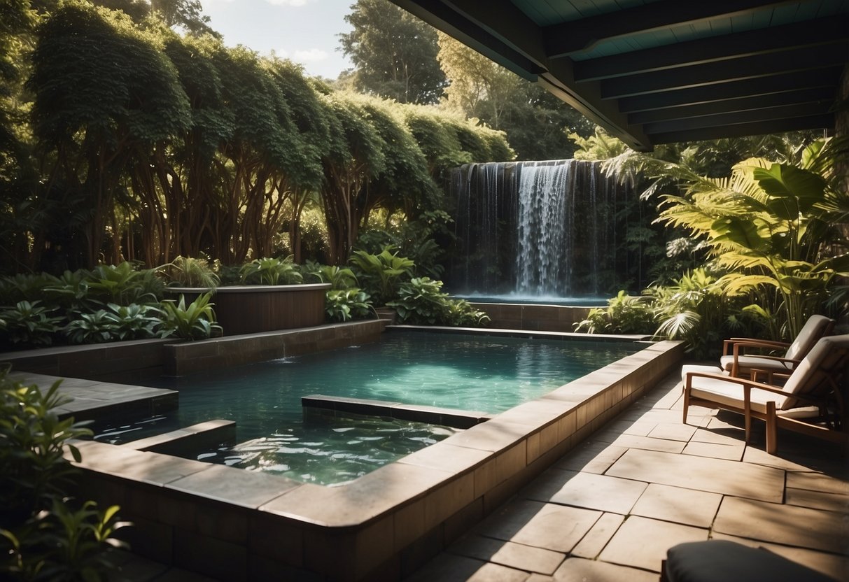 A swim spa nestled in a lush garden, with a cascading waterfall feature creating a tranquil and serene atmosphere