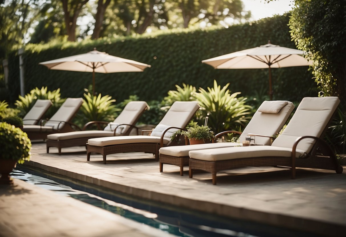 A row of poolside loungers sit beside a swim spa, surrounded by lush garden greenery, creating a tranquil and inviting outdoor space