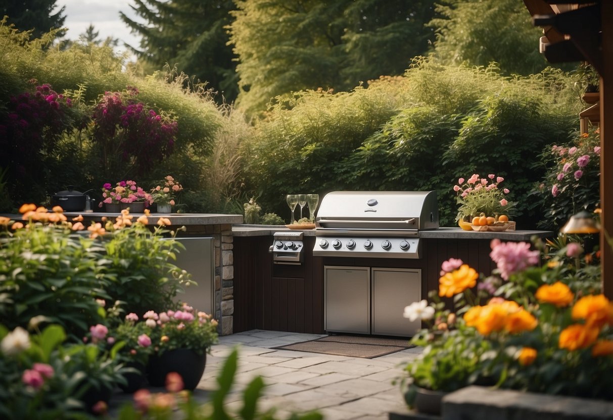 A built-in barbeque sits next to a swim spa in a lush garden setting, surrounded by colorful flowers and greenery