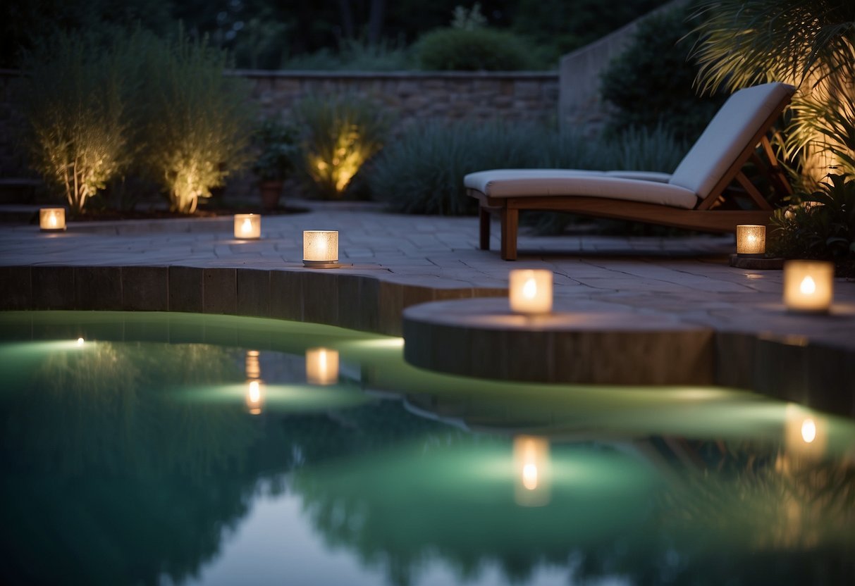 Glowing pool lights illuminate a serene spa garden, casting a soft, ethereal glow on the water's surface, creating a tranquil and inviting atmosphere