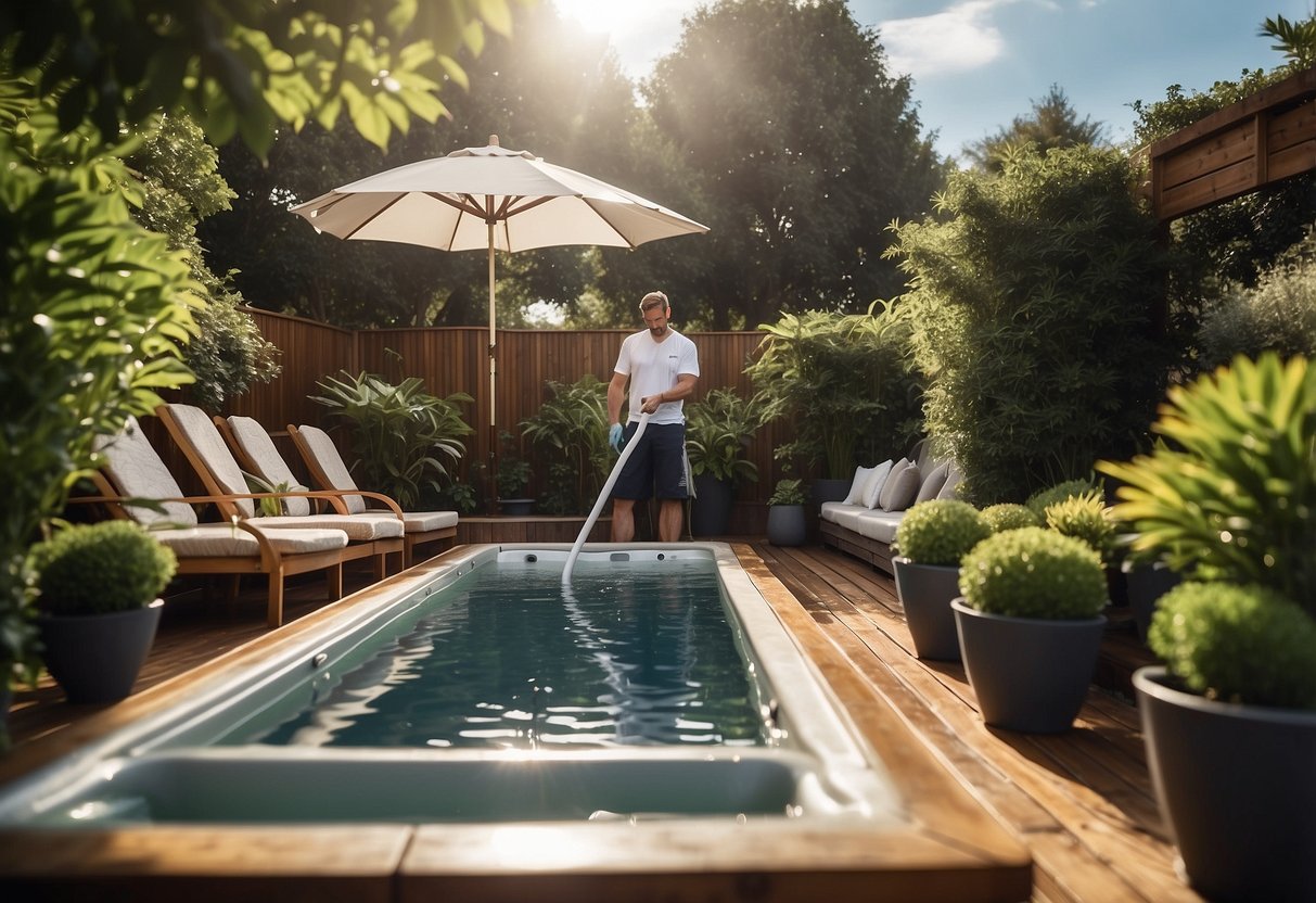 A person cleaning a swim spa with a brush and hose in a lush garden setting. Surrounding the spa are potted plants, a wooden deck, and a sun umbrella