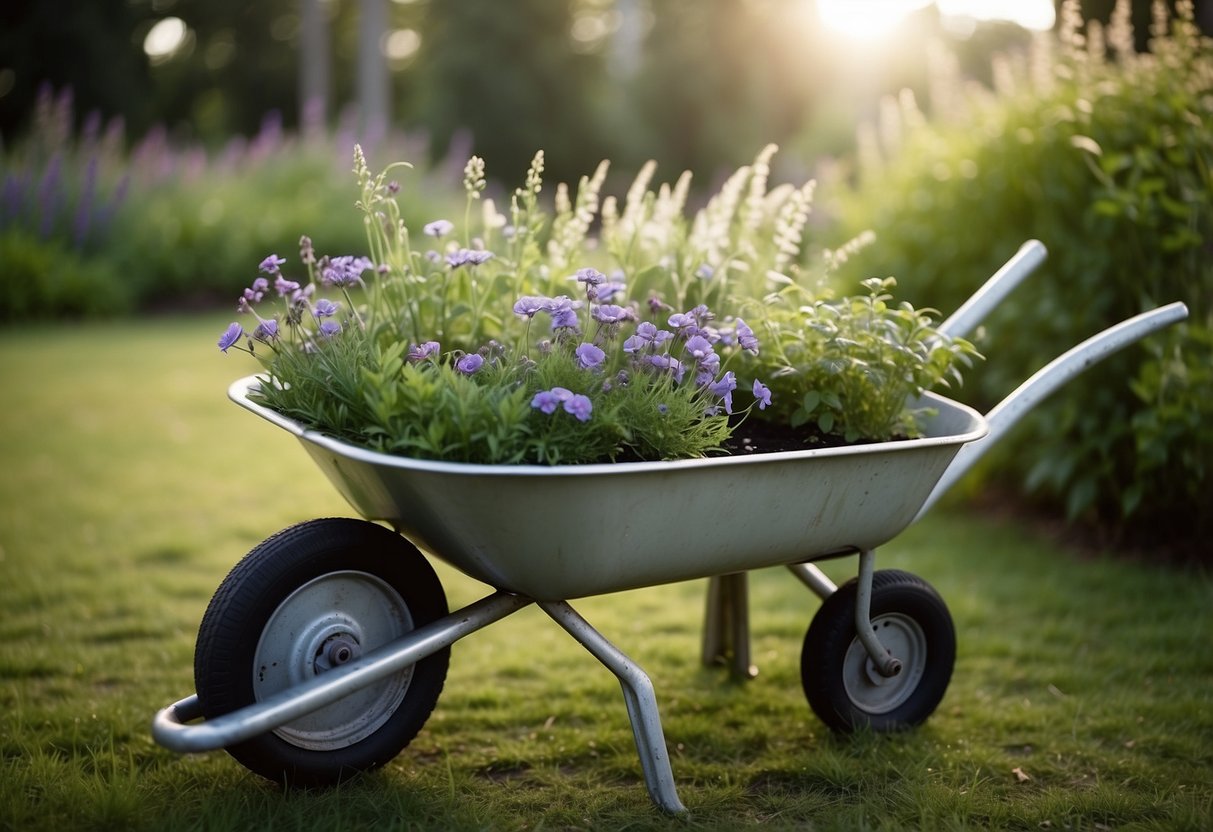 An old wheelbarrow filled with herbs and flowers, repurposed as a charming garden planter