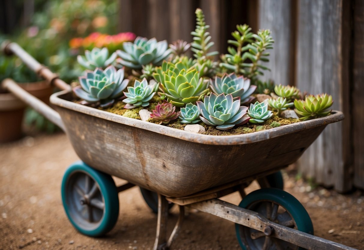 A rustic succulent garden fills an old wheelbarrow with vibrant greenery and pops of color. The weathered wood and rusted metal add character to the charming display