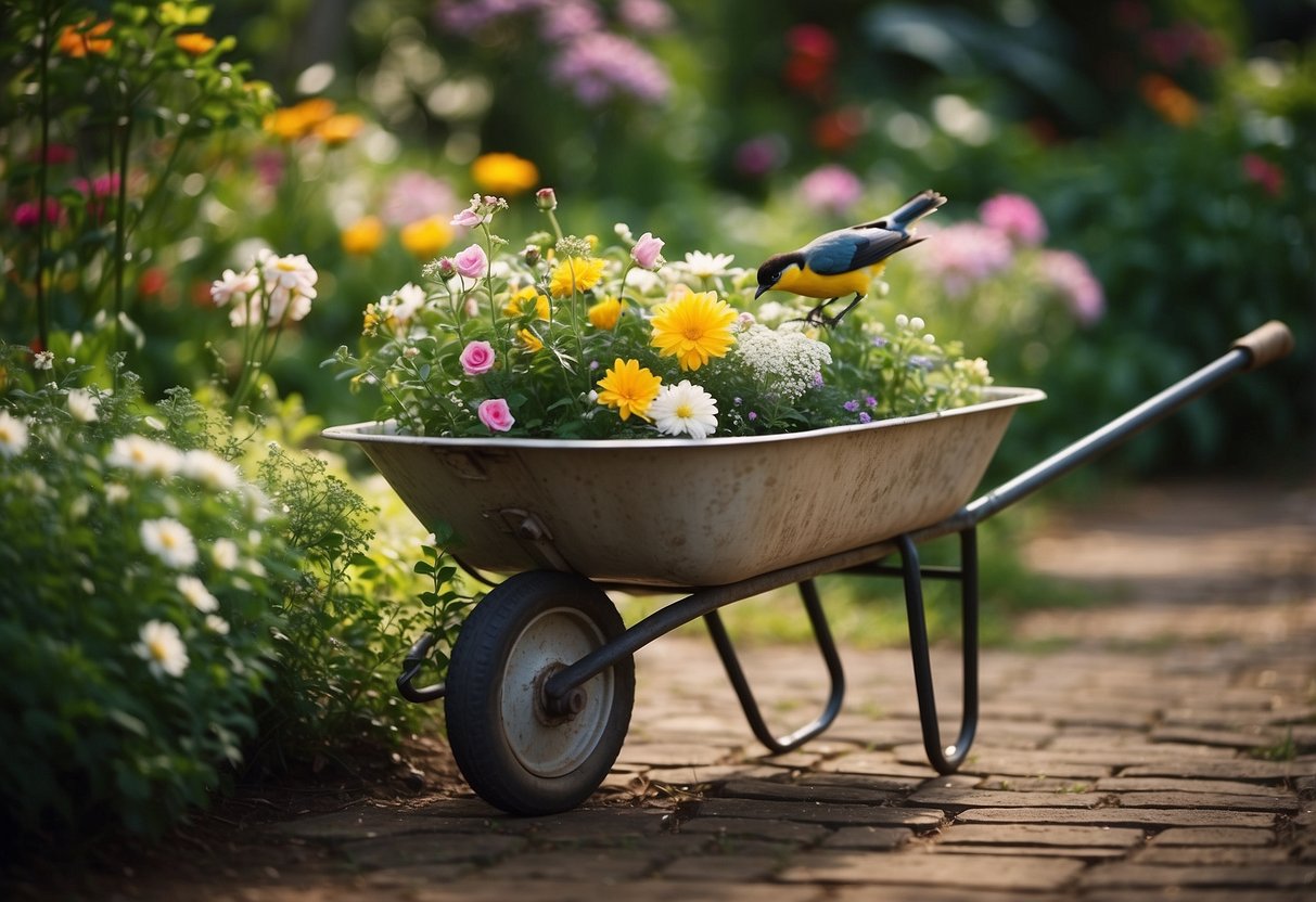 An old wheelbarrow converted into a bird bath, surrounded by a lush garden with flowers and greenery