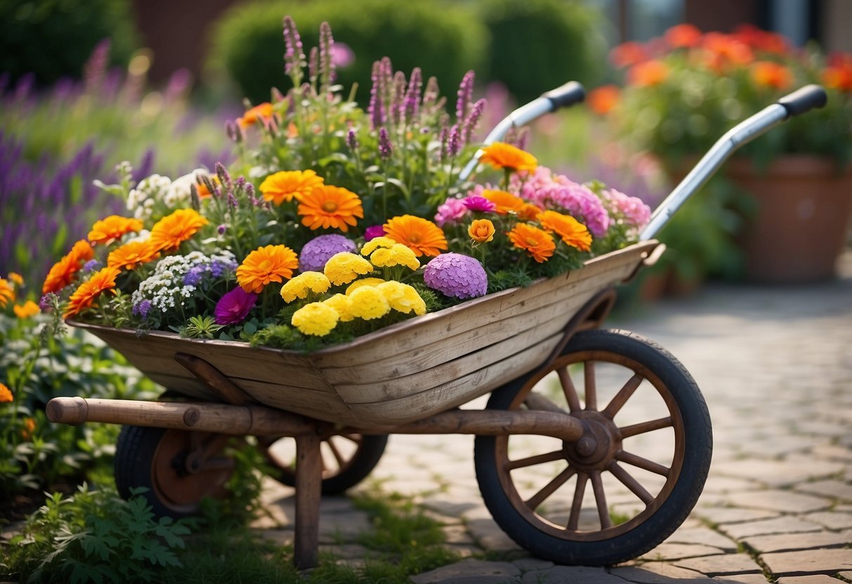 An old wheelbarrow filled with colorful flowers and plants arranged in a mosaic pattern, creating a beautiful garden display