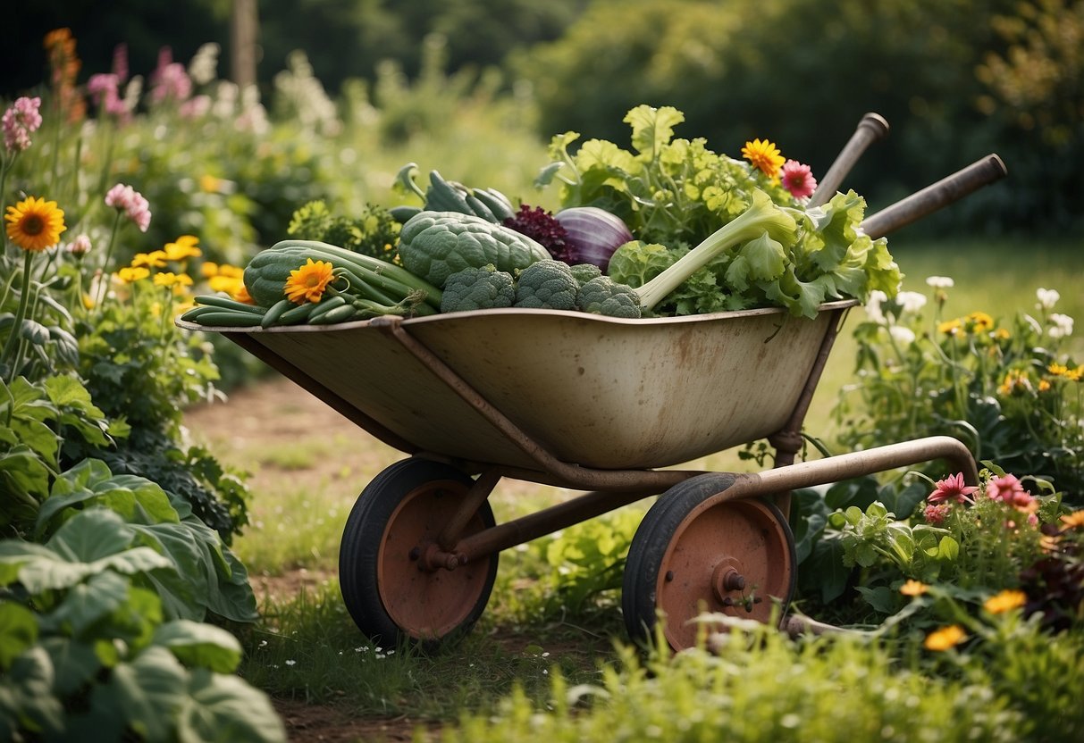 An old wheelbarrow filled with a variety of seasonal vegetables, surrounded by blooming flowers and lush greenery in a rustic garden setting